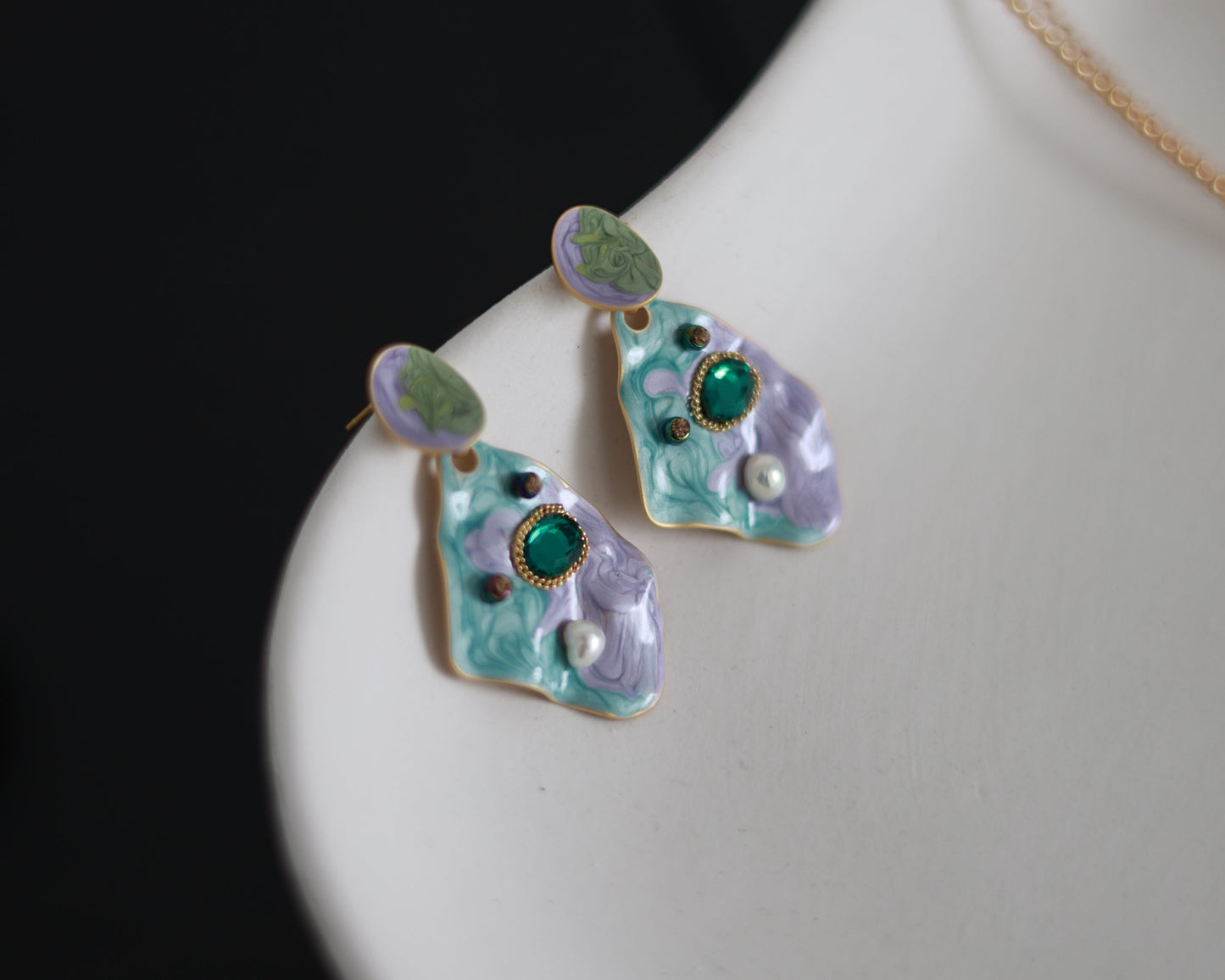 Iridescent dream enamel earrings front view