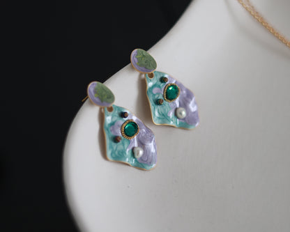 Iridescent dream enamel earrings front view