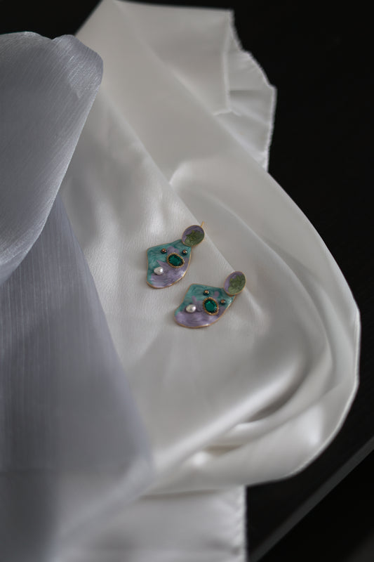 Iridescent dream enamel earrings on model