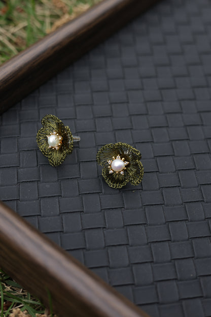 Moss green petal pearl earrings front view